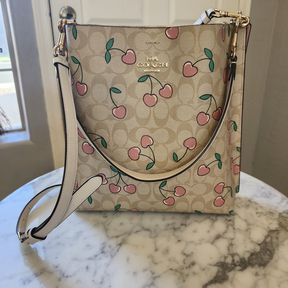 Coach Tan and Pink Cherry Print Shoulder Bag
